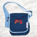 Schultertasche mit Traktor rot bestickt -mit Wunschname möglich (personalisiert) - Taschenfarbe: blau -sofort lieferbar-